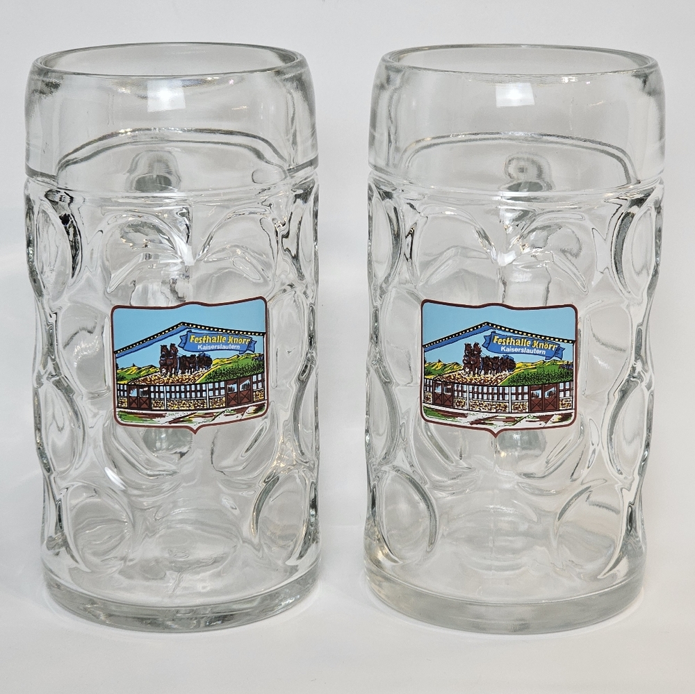 German Festhalle Knorr Kaiserslautern Set of 2, 1L Dimpled Glass Beer Mugs, EUC